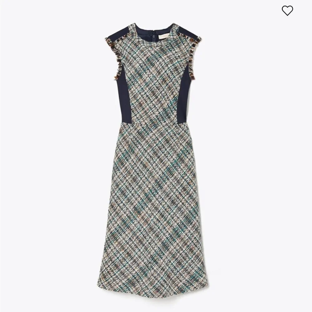 Tory Burch Gray and Black Sheath Midi Tweed Pencil Dress